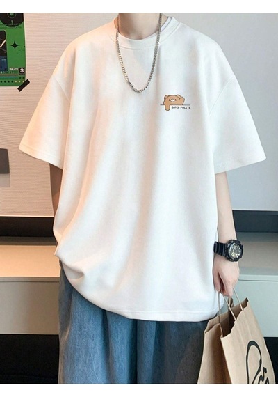 Unisex Beyaz Oversize Super Polite Bear Baskılı Örme T-shirt Beyaz