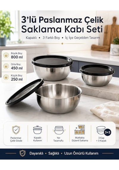 Saklama Kabı Seti 3'lü - Paslanmaz Çelik Çok Renkli