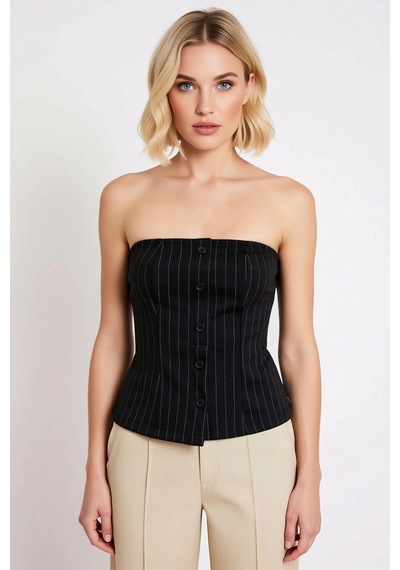 Benerly Kadın Bluz Fitted Straplez Kolsuz İnterlok Örme İnce Çizgili Düğm siyah Benerly Kadın Bluz Fitted Straplez Kolsuz İnterlok Örme İnce Çizgili Düğm siyah