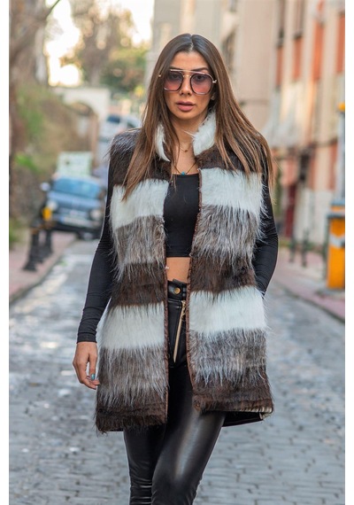 Keyifli Moda Kadın Kahverengi Beyaz Çizgili Arkası Bej Deri Detaylı Cepli Uzun Kahverengi