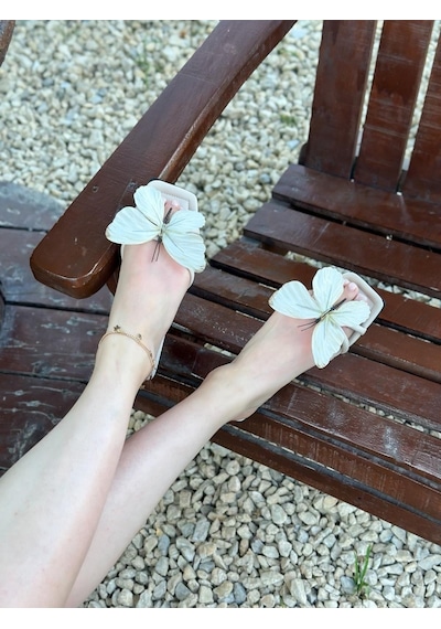 Erva'nın Butiği Bej Cilt Aisha Bej Kelebek Detay Kadın Terlik-6264