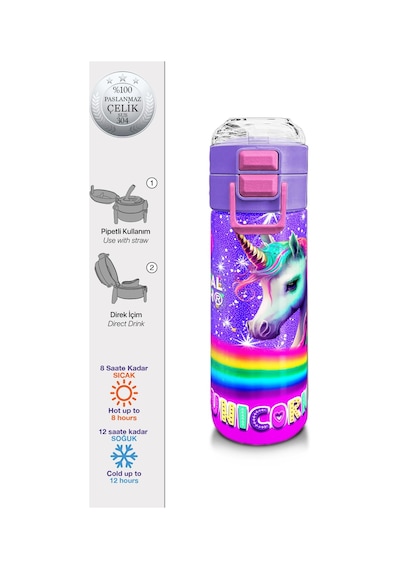 Coral High Kids Mor Unicorn Desenli Pipetli Ve Direkt İçim Çelik Termos 500 Ml 31837 Gök Mavisi