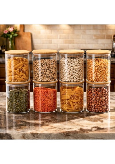 1-4 Bambu Vakumlu Kapaklı Yuvarlak Cam 8li Kavanoz Seti Saklama Kabı 750ml 10x12cm Diğer