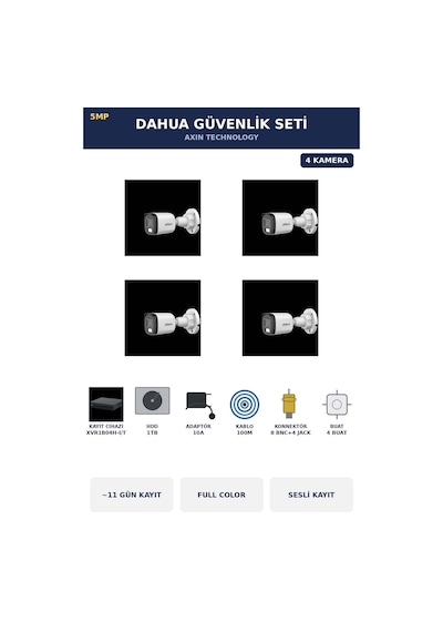 4 Kameralı 5mp Güvenlik Kamera Seti 5mp Full Color Sesli Bullet Dış Mekan 1tb 11 Gün Kayıt