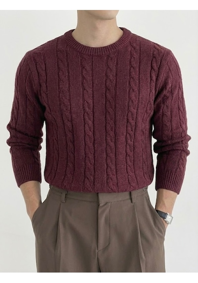Erkek Bordo Bisiklet Yaka Slim Fit Saç Örgülü Triko Kazak Bordo