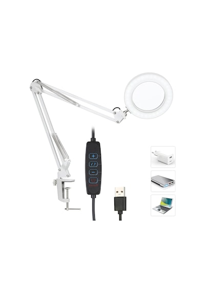 Akrobat Hareketli 8x Büyüteçli Led Işıklı Masa Çalışma Lambası - Mengeneli Beyaz
