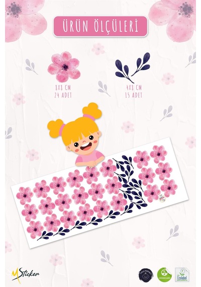 Soft Renklerde Pembe Çiçekler Ve Yapraklar Dekoratif Sticker Seti Duvar Kağıdı Görünümlü Sticker Dijital Baskı