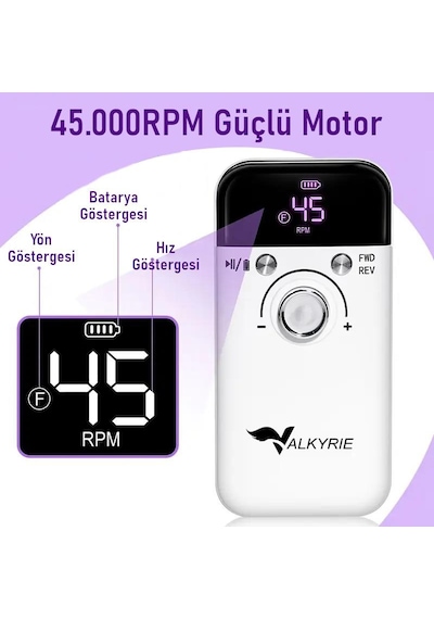 Valkyrie Profesyonel Şarjlı Tırnak Frezesi 45.000 Rpm, Lcd, 2000 Mah Taşınabilir Manikür Pedikür Makinesi