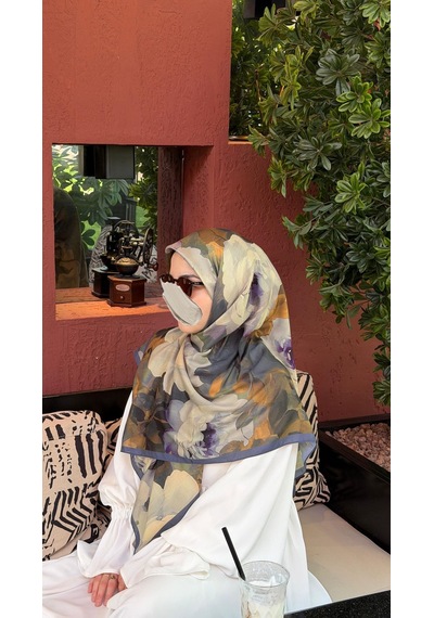 Qalortex Scarf Pamuklu Soft Meva Desen Eşarp-lacivert