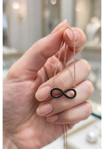 925 Ayar Gümüş Kolye Rose Siyah Taşlı Sonsuzluk Kadın Kolye Barcode Rose Gold