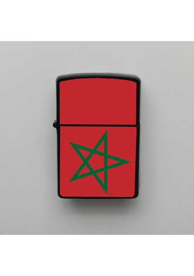Fas Morocco Klasik Ülke Bayraklı - Benzinli Siyah Çakmak - Hediyelik Siyah