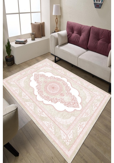 Klasik Desenli Dijital Baskılı Kaymaz Taban Yıkanabilir Salon Halısı Oturma Odası Halısı Pembe