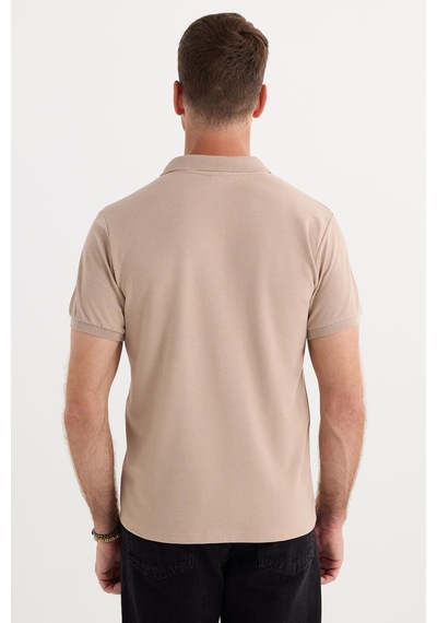 Tudors Erkek Slim Fit Dar Kesim Pamuklu Yumuşak Dokulu Serin Tutan Kumaş Düz Pike Bej Polo Yaka Tişört-33711 Bej