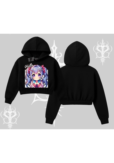 Startmore Kapşonlu Crop Sweatshirt Hello Anime Kız Sevimli Karakter Baskılı Siyah