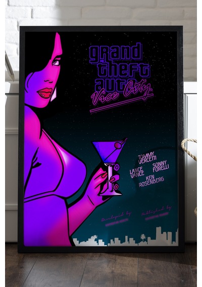 Gta Vice City Siyah Ahşap Çerçeveli Poster, Dekoratif Oyun Duvar Tablosu