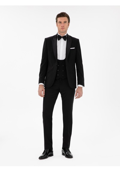 Cacharel Siyah Slim Fit Yün Karışımlı Yelekli Smokin Dmatlık