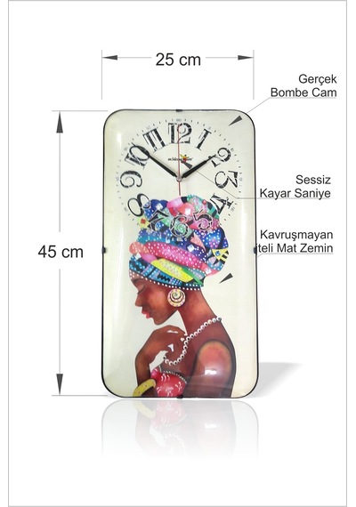 Büyük 45 Cm Kare Dikdörtgen Geometrik Bombe Gerçek Camlı Sessiz Kayar Saniyeli Siyahi Afrikalı Kadın Duvar Saati Açık