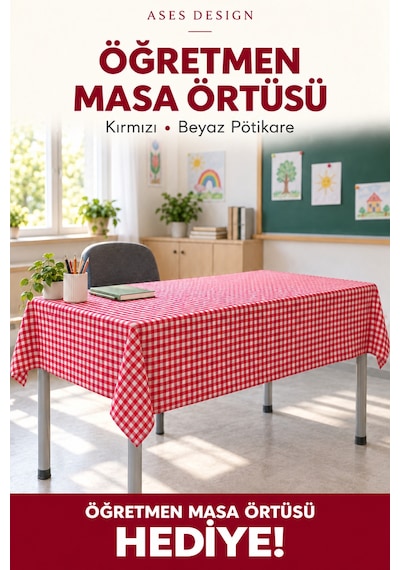 Kırmızı Beyaz 15'li Lastikli Sıra Örtüsü, 100x140 Cm Öğretmen Masa Örtüsü Hediye