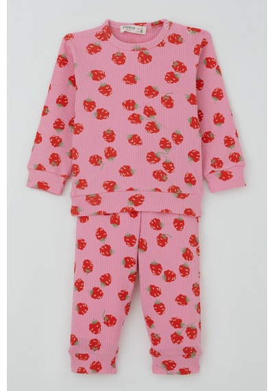 Breeze Kız Bebek Pijama Takımı Omuzdan Patlı Çilek Desenli 4 Ay-1 Yaş, Pembe Pembe