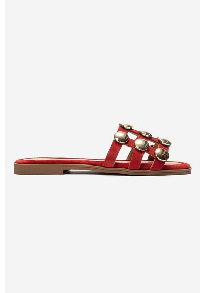 Luvi Shoes Bareon Kırmızı Süet Hakiki Deri Bantlı Altın Tokalı Kadın Terlik
