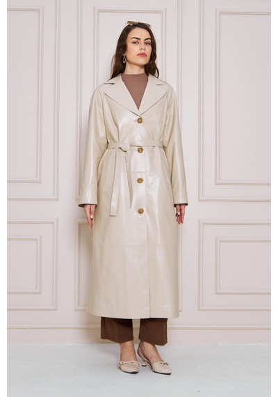 M M Marki Marki Kadın Hakiki Deri Trençkot Bej, V Yaka, Kuşaklı, Düğme Kapamalı, Oversize, 120 Cm - 117222