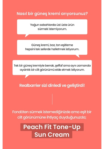 Ciltte Pürüzsüz Görünüm Sunan Ton Eşitleyici Güneş Kremi Realbarrıer Peach Fit Tone-up Sun Cream