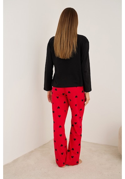 Siyah İnci Pamuklu Örme Pijama Takım7948 Kırmızı