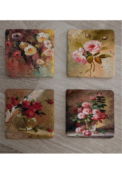 Renkli Güller Doğal Taş Bardak Altlığı 4'lü Set - Natural Stone Coasters - Taş Çok Renkli