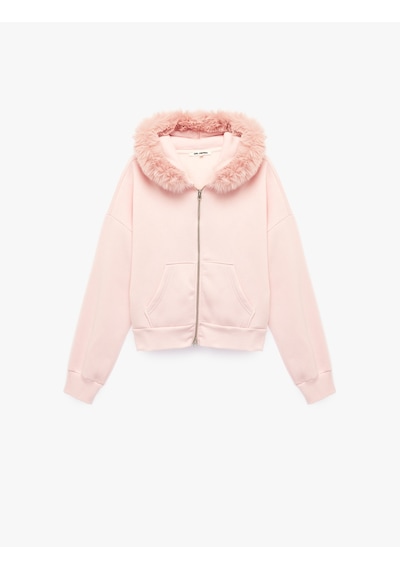 Koton Şardonlu Cepli Rahat Kalıp Uzun Kollu Fermuarlı Suni Kürk Kapüşonlu Sweatshirt Pembe 7wal10302ık Gülkurusu