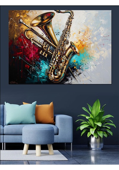 Ahşap Tablo Renkli Soyut Saksafon Müzik Tablosu Hayvan Tabloları