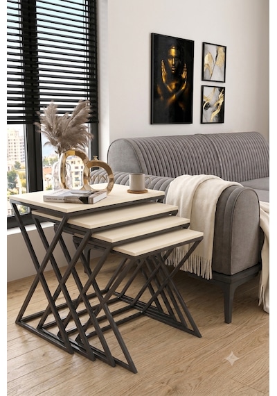 Masal 4'lü Zigon antrasit gri Metal Ayaklı krem Renk Mebran Mdf Üst Tabla 4'lü Zigon Sehpa Seti Salon /koltuk Altı Sehpa Yan Sehpa - C Sehba Modern - Siyah Metal Ayak