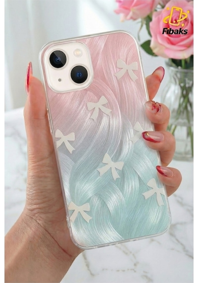 Fibaks iPhone 14 Plus/15 Plus Uyumlu Kılıf Parlak Fiyonk Desenli Darbe Emici Kamera Korumalı Renkli Silikon Kapak