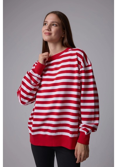 Defys Kadın Çizgili Oversıze Sweat Kırmızı-beyaz - 608041455 Kırmızı-beyaz