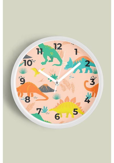 Renkli Dinozor Desenli Çocuk Odası Duvar Saati - 25cm - Önü Camlı Beyaz Kasa - Sessiz Mekanizma-jh0725 Beyaz
