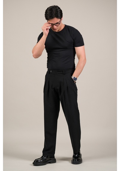 Akçaylar Çift Pileli Yazlık Modal Kumaş Beli Yarım Lastili Baggy Pantolon Siyah