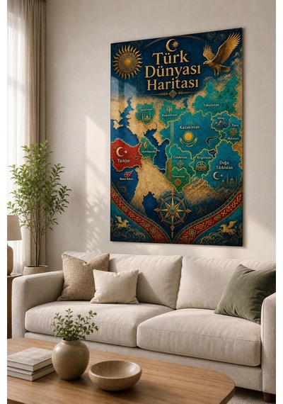 Türk Dünyası Haritası Baskılı Cam Tablo Uv Baskı Dekoratif Duvar Tablosu
