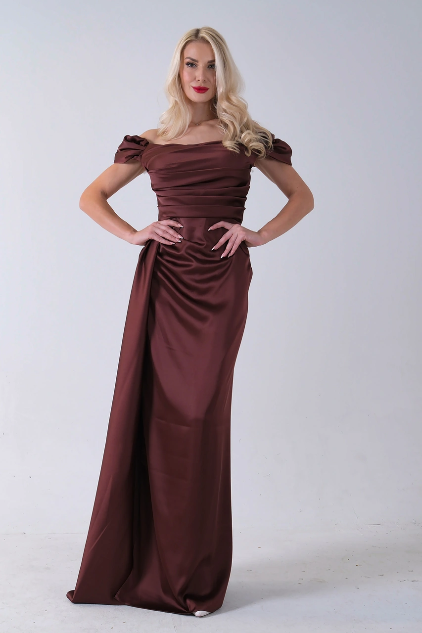 Feminist Kahve Drape Detaylı Saten Kumaş Abiye Elbise 9704858.05 Kahve