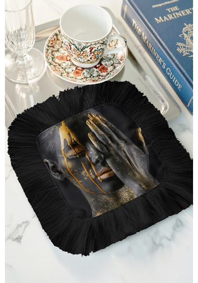 Lüks Modern Sanat Saçaklı Sunum Peçetesi - Sanatsal Portre Bohem Siyah Bardak Altlığı Mendil Soft Orman Mint