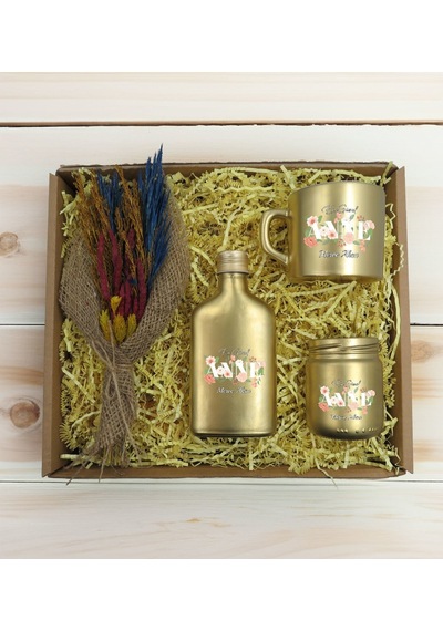 Bk Gift Kişiye Özel İsimli Dtf Anne Temalı Gold Kahve Fincanı & Kolonya & Mum & El Yapımı Kuru Çiçek Buketi Hediye Seti-4, Anneye Hediye, Anneler Günü