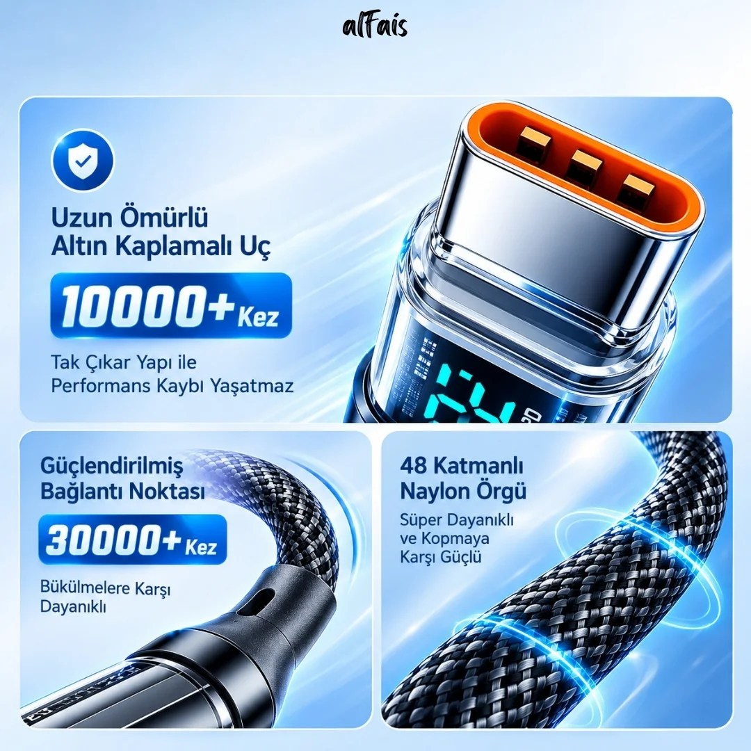 Samsung Uyumlu Usb Type C Hızlı Telefon Data Şarj Kablosu Led Ekranlı Dijital 120w 2 Metre