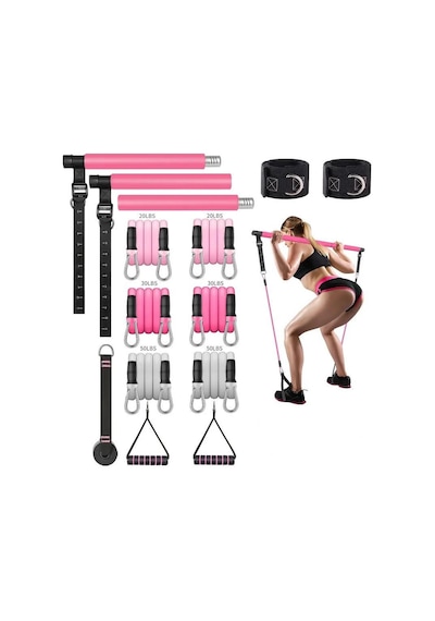 Valkyrie Full Vücut Pilates Bar Seti Egzersiz Çubuğu Ayarlanabilir Evde Onlarcak Farklı Spor Jimnastik Olanağı Kapı Askılı Çantalı Pembe