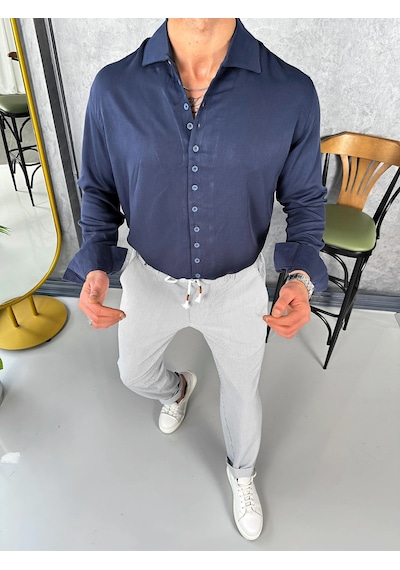 Modefendi Tensel Kumaş Pamuk Dokulu Kayık Yaka Extra Regular Fit Çok Düğme Detaylı Gömlek Lacivert Modefendi Tensel Kumaş Pamuk Dokulu Kayık Yaka Extra Regular Fit Çok Düğme Detaylı Gömlek Lacivert