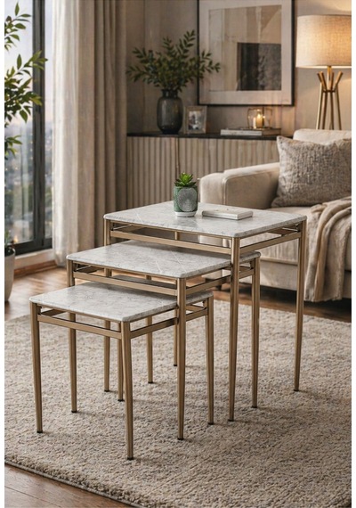Gri Mermer Desen Membran Kaplama 3'lü Zigon Sehpa Takımı Cappuccino Metal Ayaklı Modern Sehpa Seti