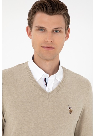 U.S. Polo Assn. Erkek Slim Fit V Yaka Haki Melanj Basic Kazak 50288885-VR193 U.S. Polo Assn. Erkek Slim Fit V Yaka Haki Melanj Basic Kazak 50288885-VR193
