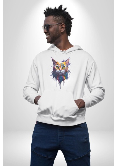 Şimşek Yağmur Kedi Kadın Erkek Beyaz Kapüşonlu Sweatshirt Hoodie Beyaz