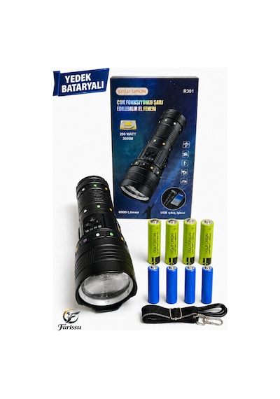 R301 Ultra Güçlü 200w Şarjlı El Feneri - 18650 Model Yedek Pilli Set, 3000m Menzil, Powerbank Özellikli Siyah