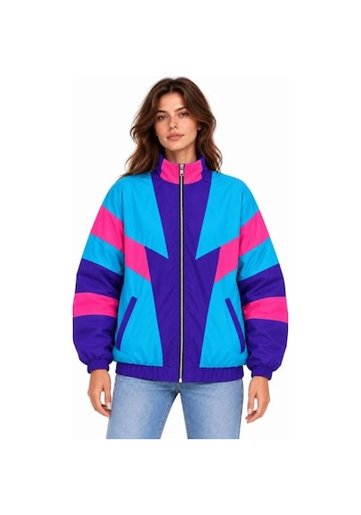 DefyModa 80 Ler Retro Wintage Dijital Baskılı Fermuarlı Rüzgar Kesici Mevsimlik Ceket Çok Renkli