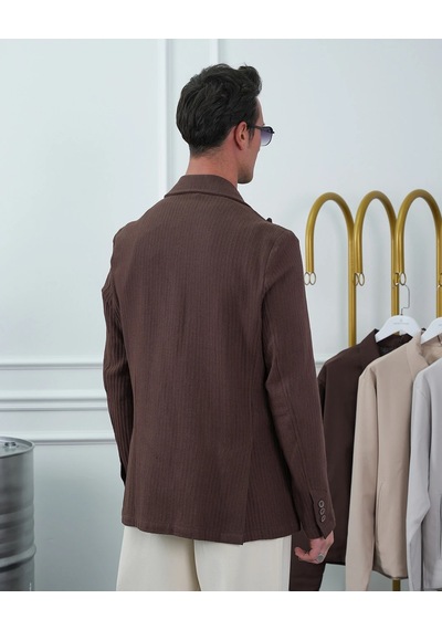 Modefendi %100 Pamuk Keten Modern Fit Keten Ceket Kahverengi