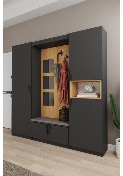 Lüks Aynalı Portmanto Askılı Vestiyer %100 Mdf Çok Raflı Ayakkabılık V04 Koyu Gri - Karina Lüks Aynalı Portmanto Askılı Vestiyer %100 Mdf Çok Raflı Ayakkabılık V04 Koyu Gri - Karina
