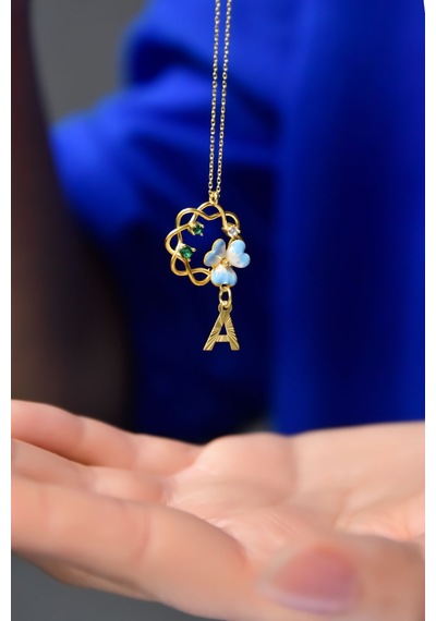 Papatya Silver 925 Ayar Gümüş Gold Kaplama Tasarım Harf Sallantılı Mineli Frezya Çiçeği Kolye